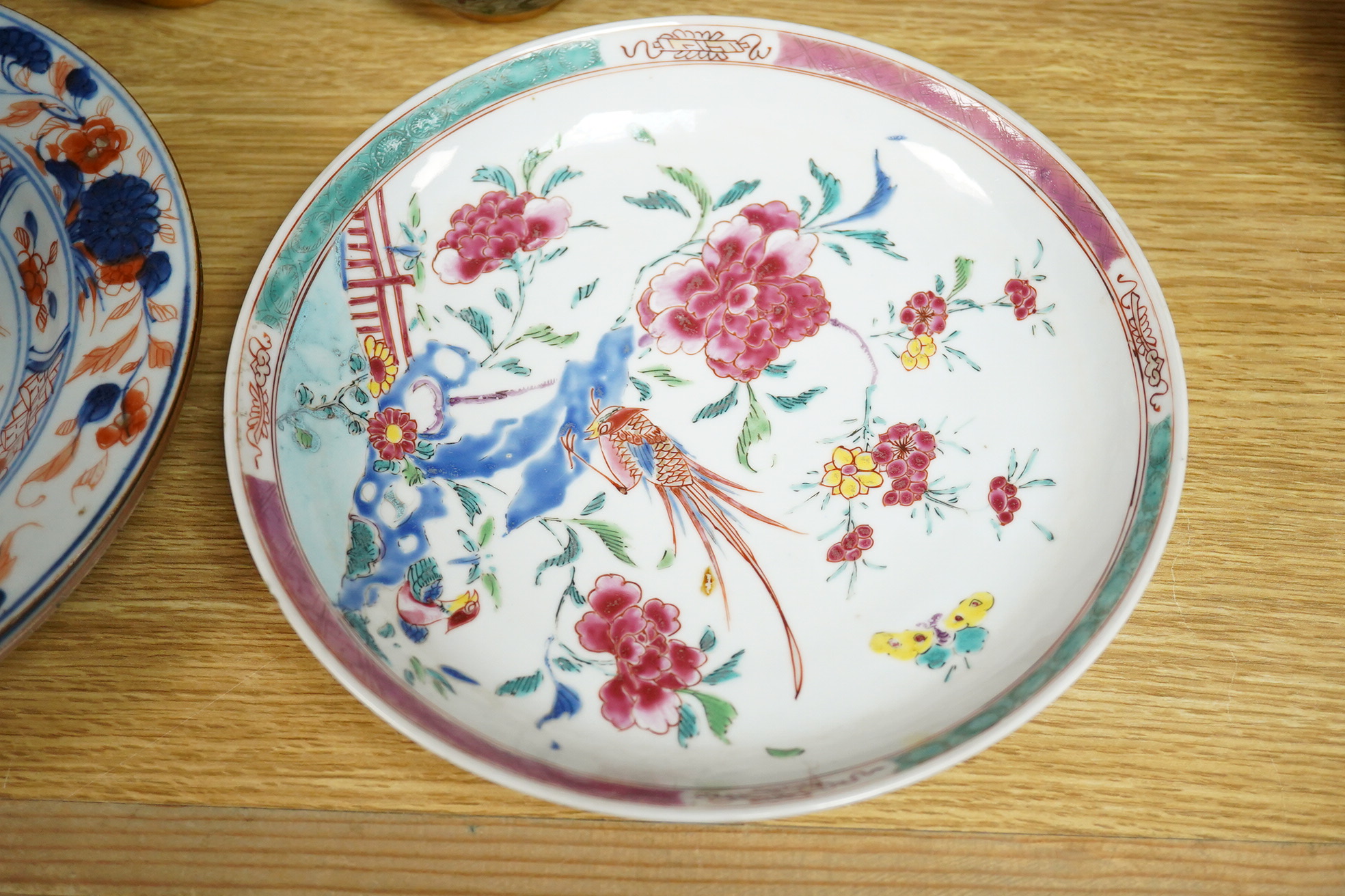 A pair of plique au jour Chinese vases together with a collection of Chinese export plates and dishes, largest 22cm in diameter